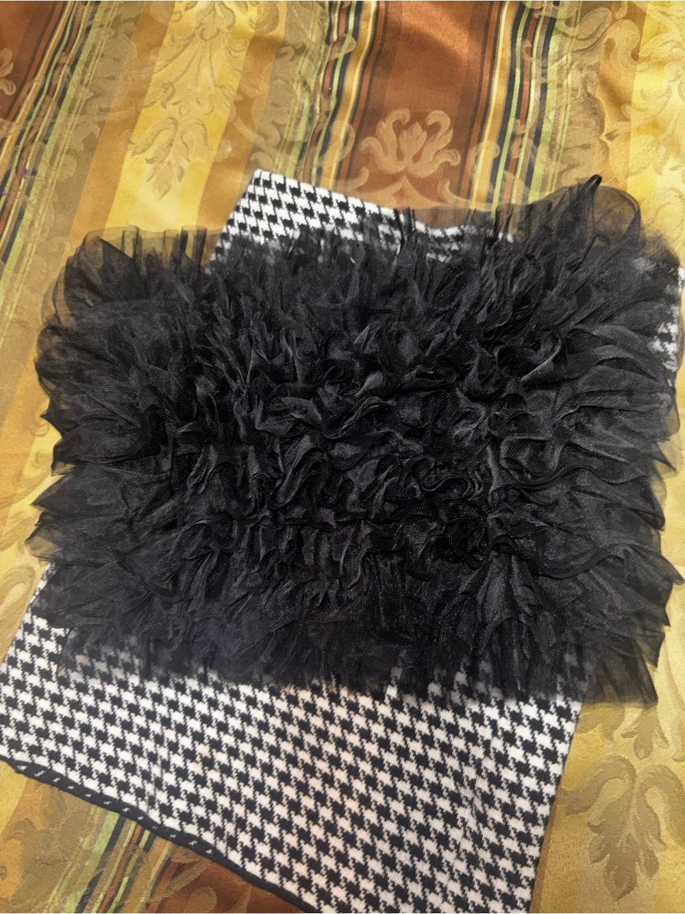 Black Ruffled-Accent Houndstooth Mini Skirt